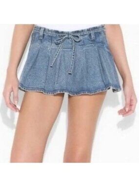 Women's Denim Skater Skort Size 8 Pleated Mini Skirt With Built-In Shorts Wild F